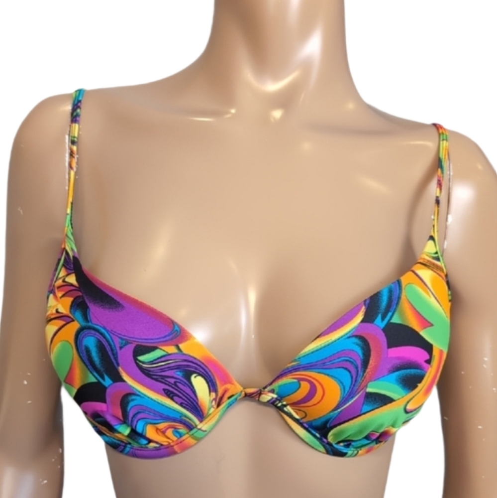 Hot Peach Bikini Top Colourful Push Up  Underwire Tie Back Swimwear Medium